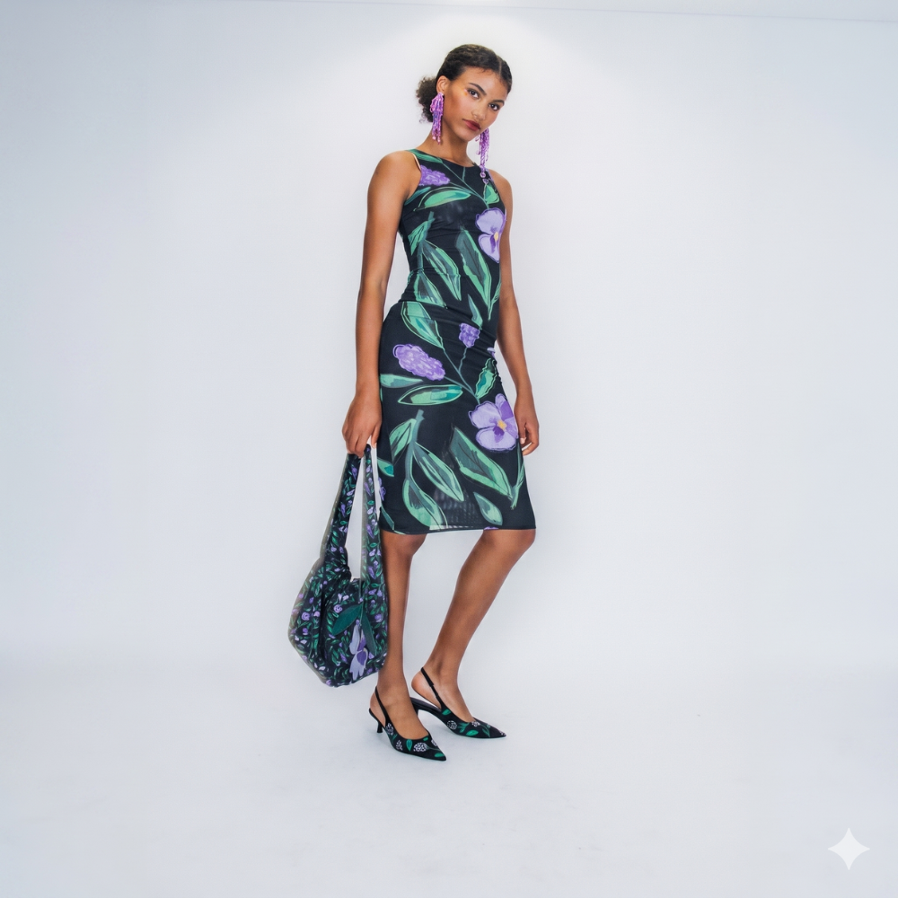 Sleek recycled mesh dress with hand-drawn floral print. Stretchy, flattering, and bold. Shop premium styles online.