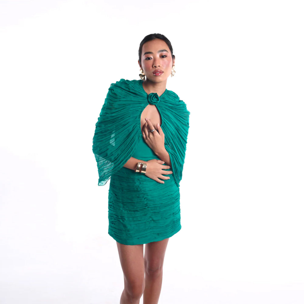 Ruched mini dress with high neck and keyhole cut out, perfect for events. Shop online from our curated edit of premium fashion.