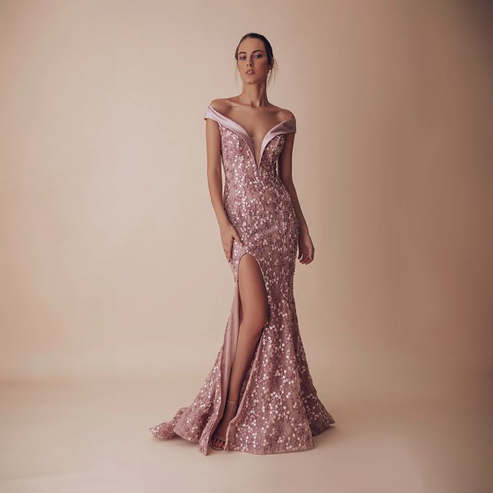 Off shoulder shawl collar style hem dress with embroidery all around and front side slit.