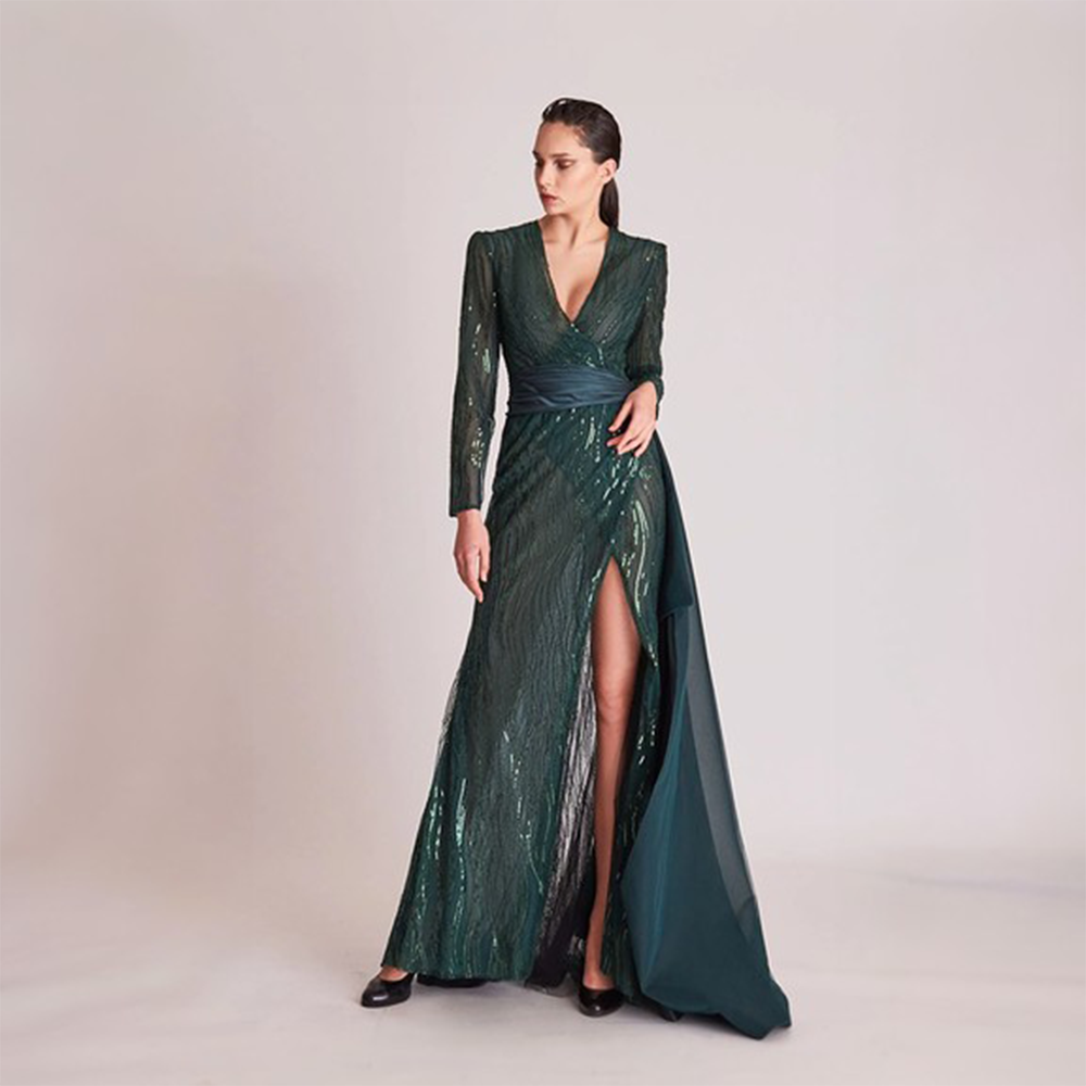 Flowy Pleated V-neck Floor-length Dress With Slit Emerald main image 1