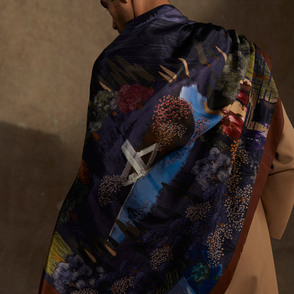 A navy stole in the style of a painting, with hand-illustrated cherry blossom and willow trees.