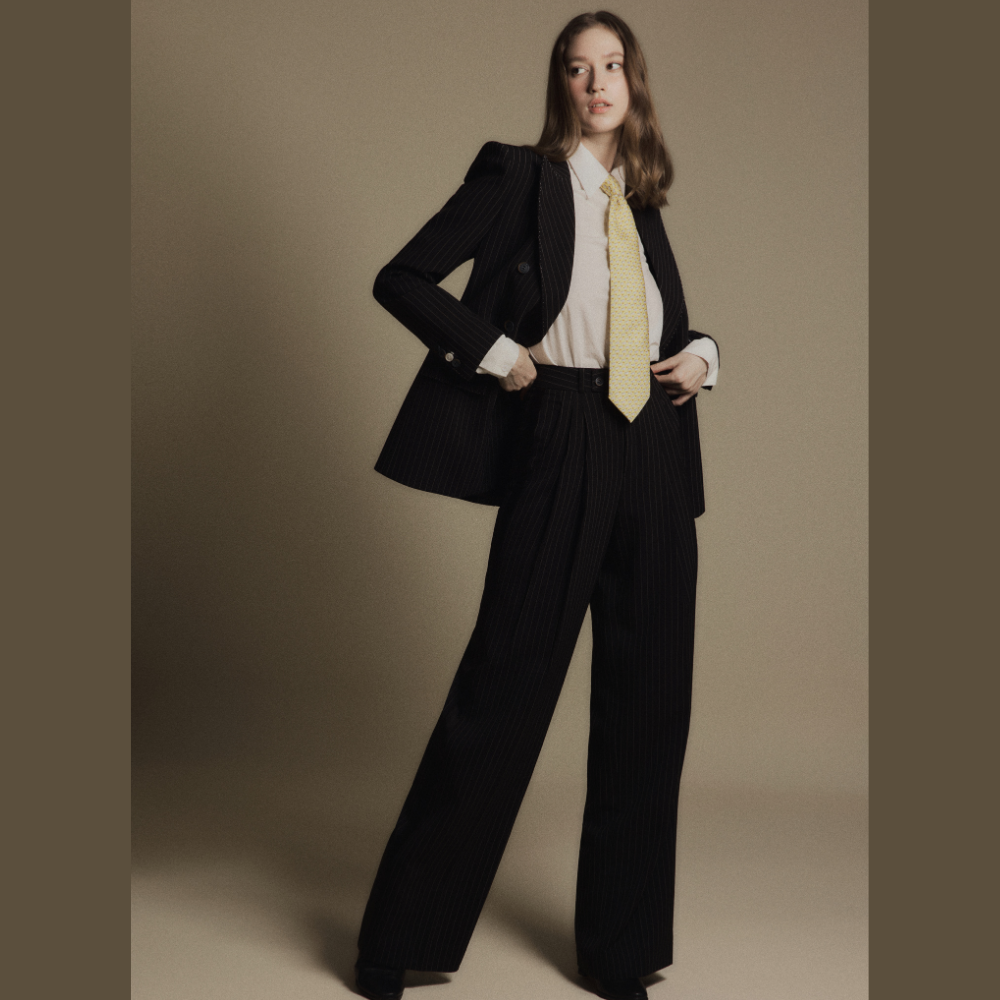 Discover elegant ladies wear featuring the sophisticated Obsidian Pinstripe Pants for any occasion. Shop Now!