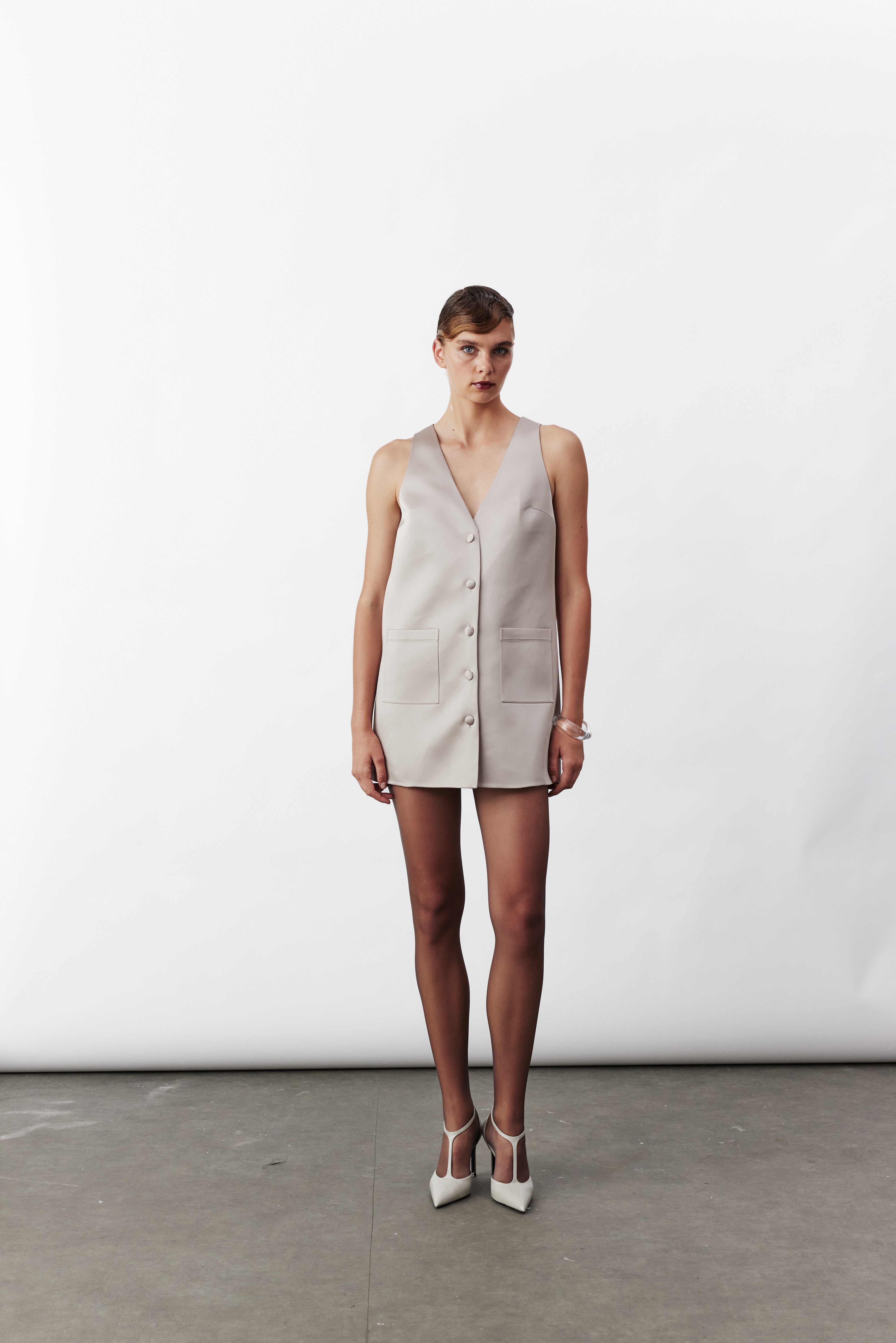 Odessa Mini Dress With Buttons In Smoked Grey