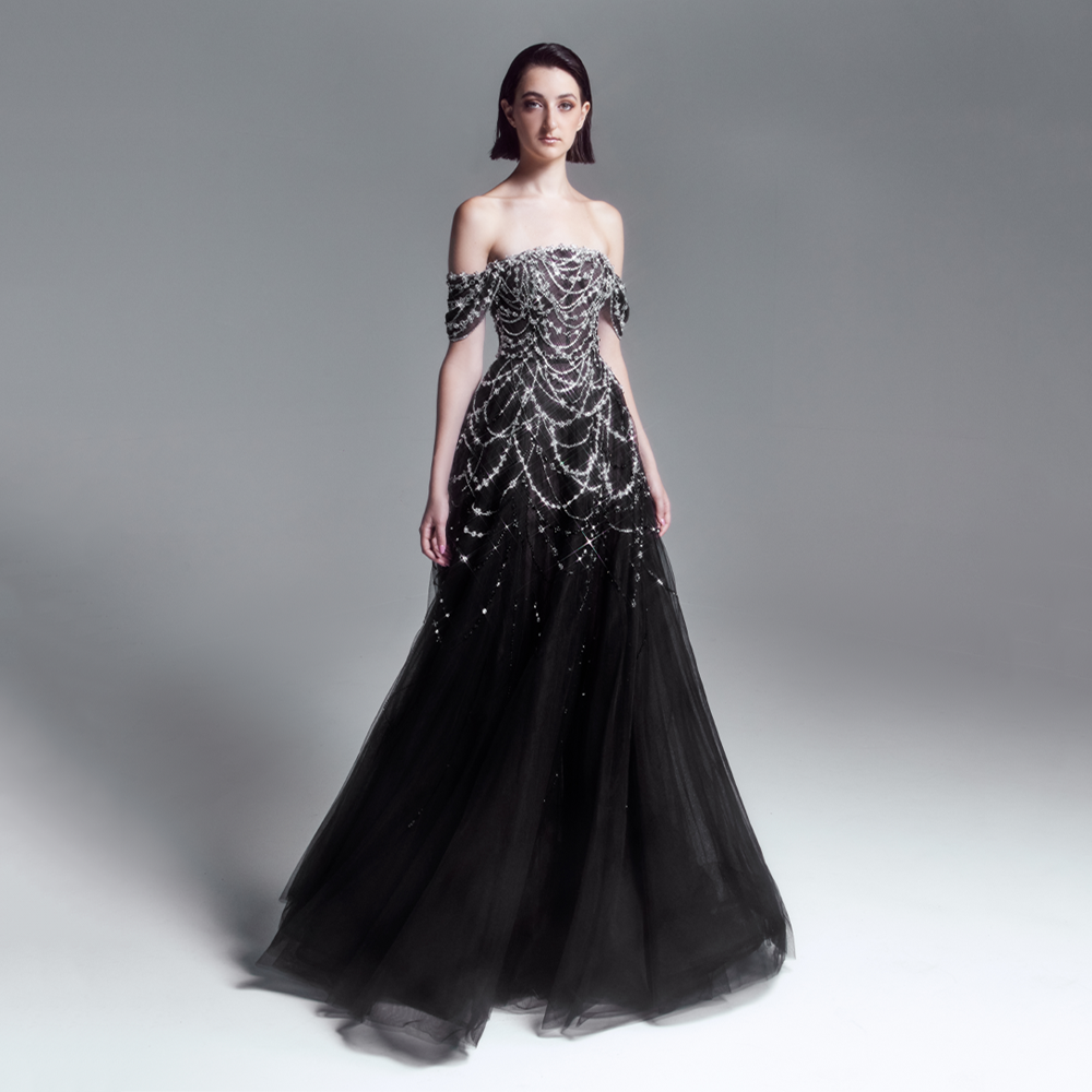 black dress with silver stones CINDERELLA DIVINE CD339 Halter Hot Stone Mesh Dress