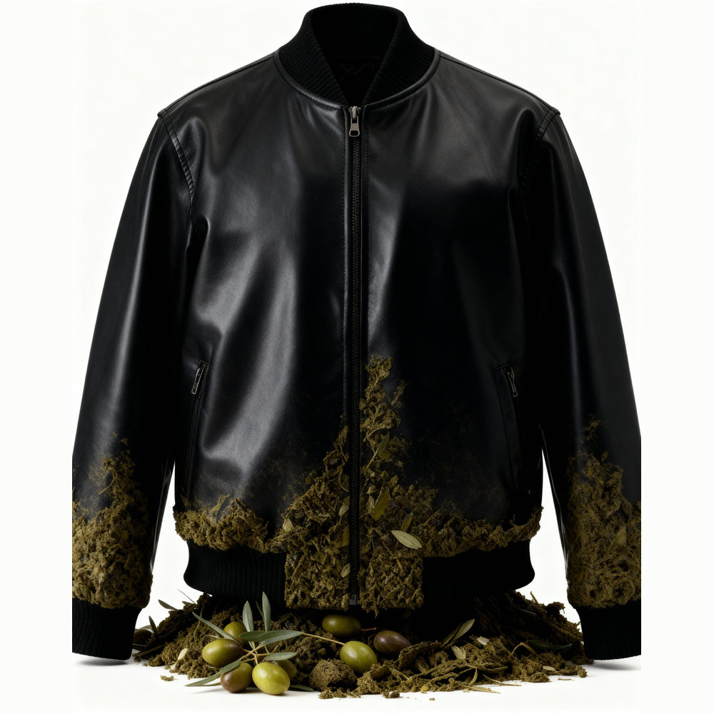 Shop online from our exclusive website and discover the Olive Leather Men's Jacket, crafted from innovative olive leather for a premium vegan alternative with modern style and comfort.