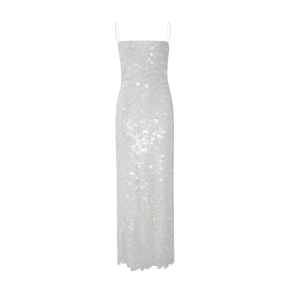 Shop online from our exclusive website and discover the Olivia Dress by Nana Gotti, a floor-length off-white sequin gown with a sleek fitted silhouette and timeless elegant style.