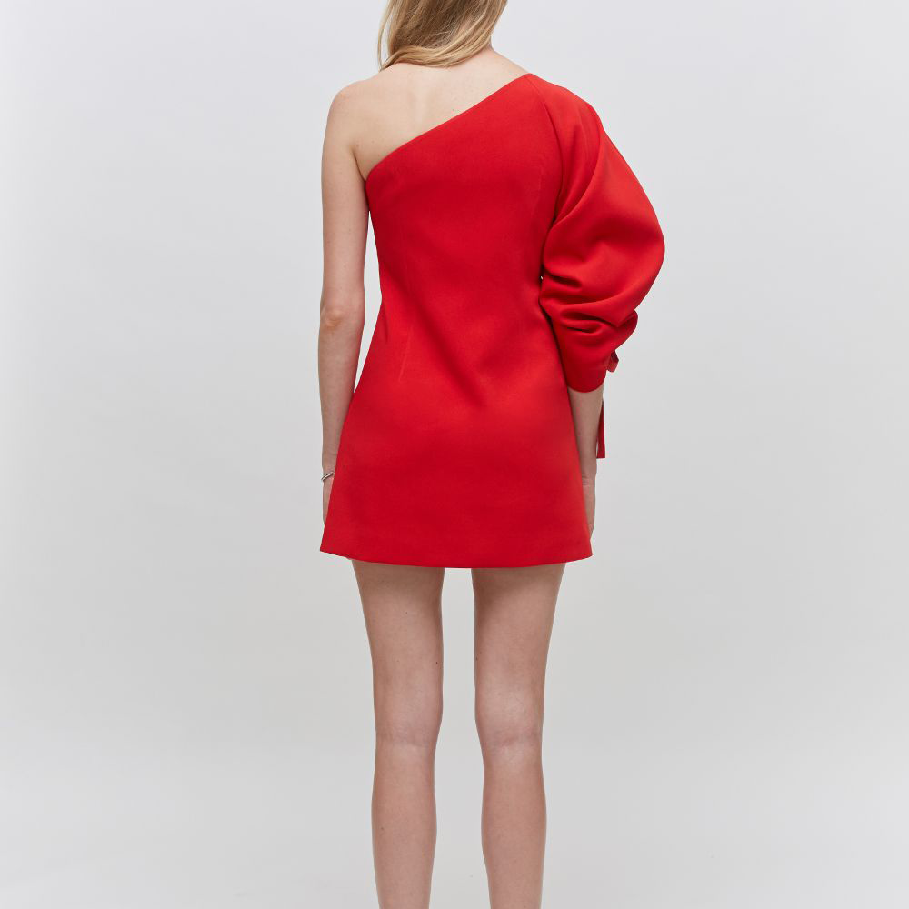 One Shoulder Crecent Sleeved Satin-Crepe Mini Dress