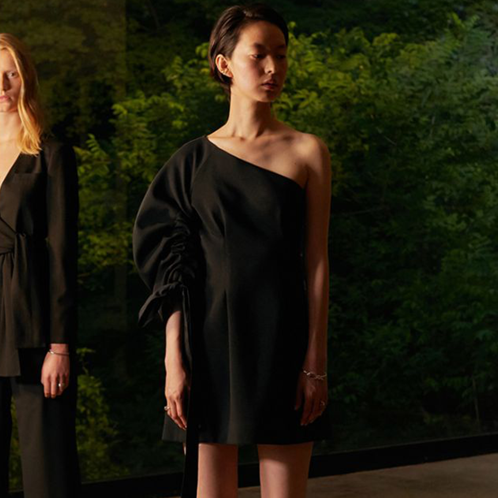 One Shoulder Crecent Sleeved Satin-Crepe Mini Dress