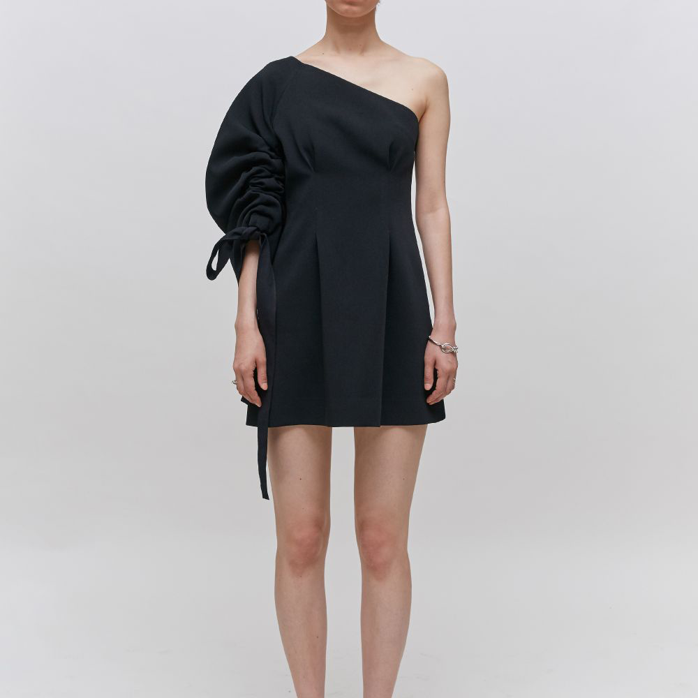 One Shoulder Crecent Sleeved Satin-Crepe Mini Dress