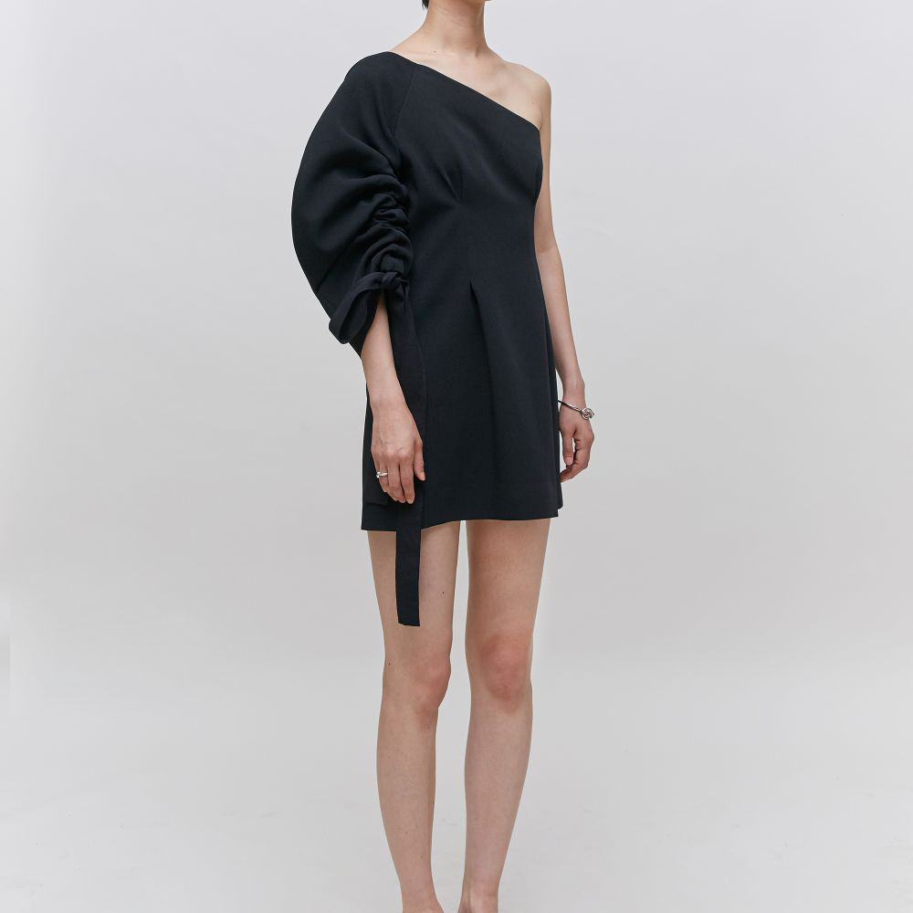 One Shoulder Crecent Sleeved Satin-Crepe Mini Dress