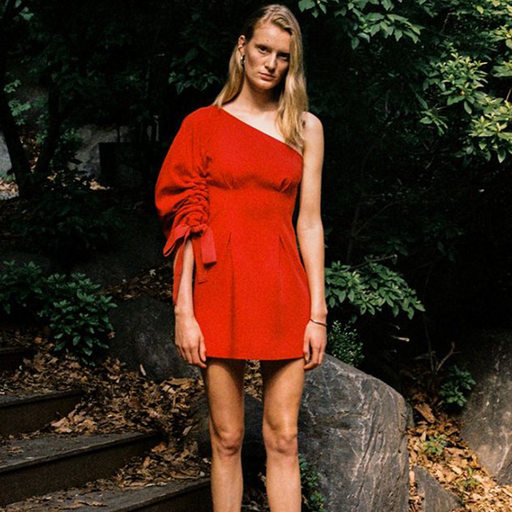 One Shoulder Crecent Sleeved Satin-Crepe Mini Dress