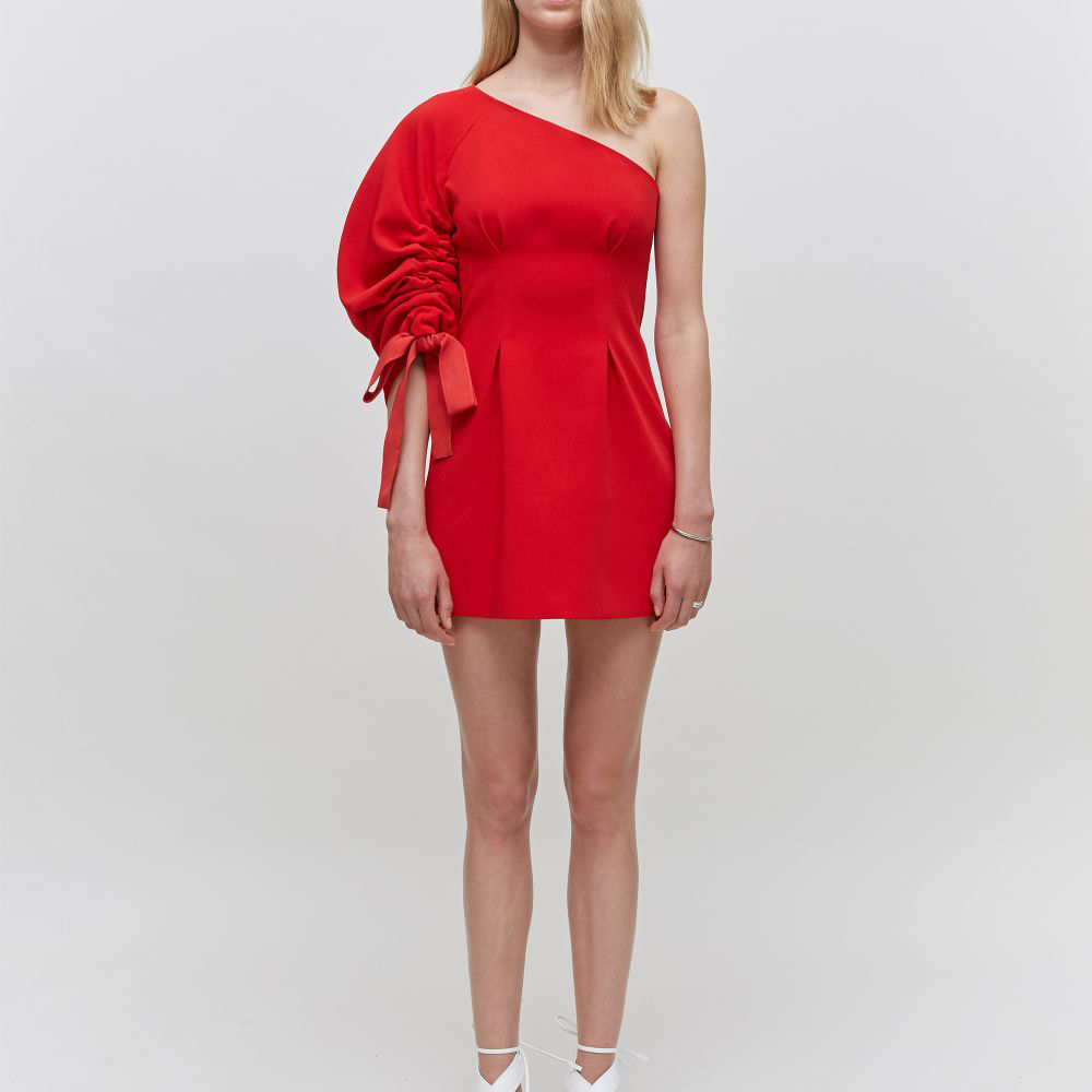 One Shoulder Crecent Sleeved Satin-Crepe Mini Dress