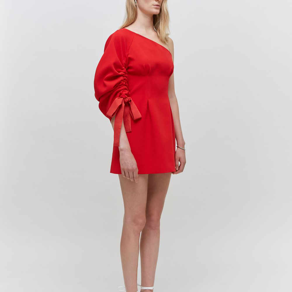 One Shoulder Crecent Sleeved Satin-Crepe Mini Dress