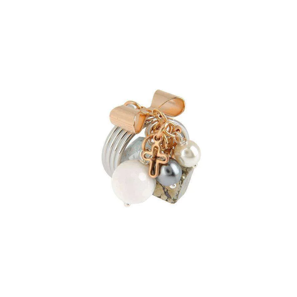Ring is designed with glass beads mixed with natural stones like aquamarine, calcedony, lapislazzuli, white onyx and pyrite.