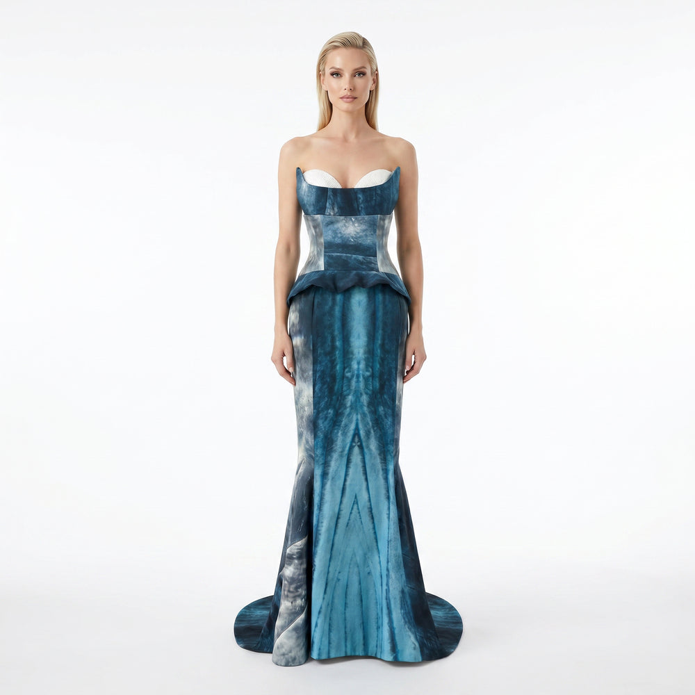 Shop online from our exclusive website and discover the Organic Cotton Whale Gown by Benedetti Life, a sustainable couture dress with ocean-inspired design and elegant mermaid silhouette.