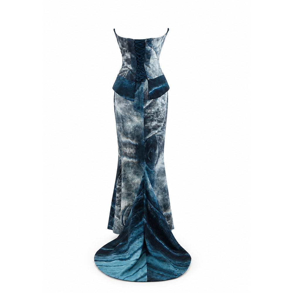 Shop online from our exclusive website and discover the Organic Cotton Whale Gown by Benedetti Life, a sustainable couture dress with ocean-inspired design and elegant mermaid silhouette.