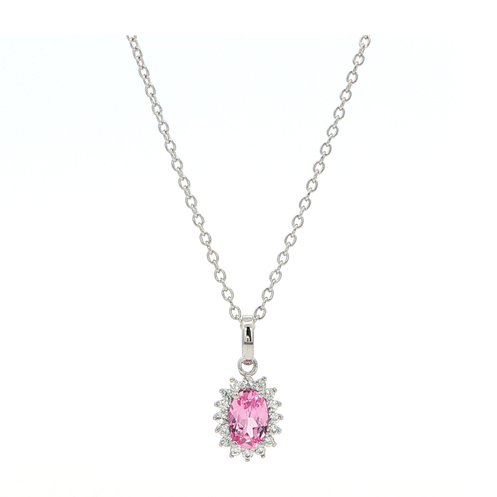Shop online premium sterling silver pink sapphire pendant necklace with cubic zirconia stones.