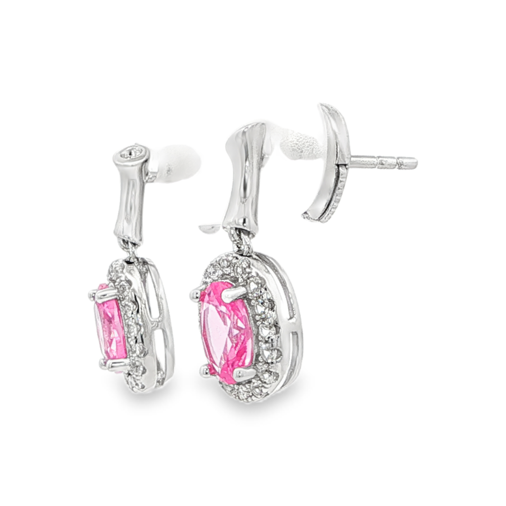 Shop online premium sterling silver pink sapphire dangler earrings with sparkling CZ stones.
