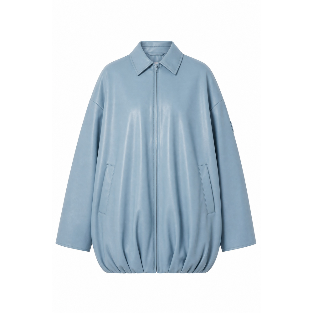 Shop online from our exclusive website and discover the Oversized Olive Leather Bomber Jacket in Ice Blue by Benedetti Life, crafted from Oleatex® plant-based leather for sustainable modern luxury.