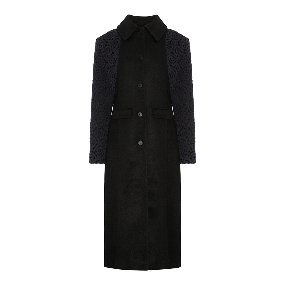 This oversized tailored coat has been made with luxury deadstock heavy weight wool with cotton crochet overlayed sleeves.