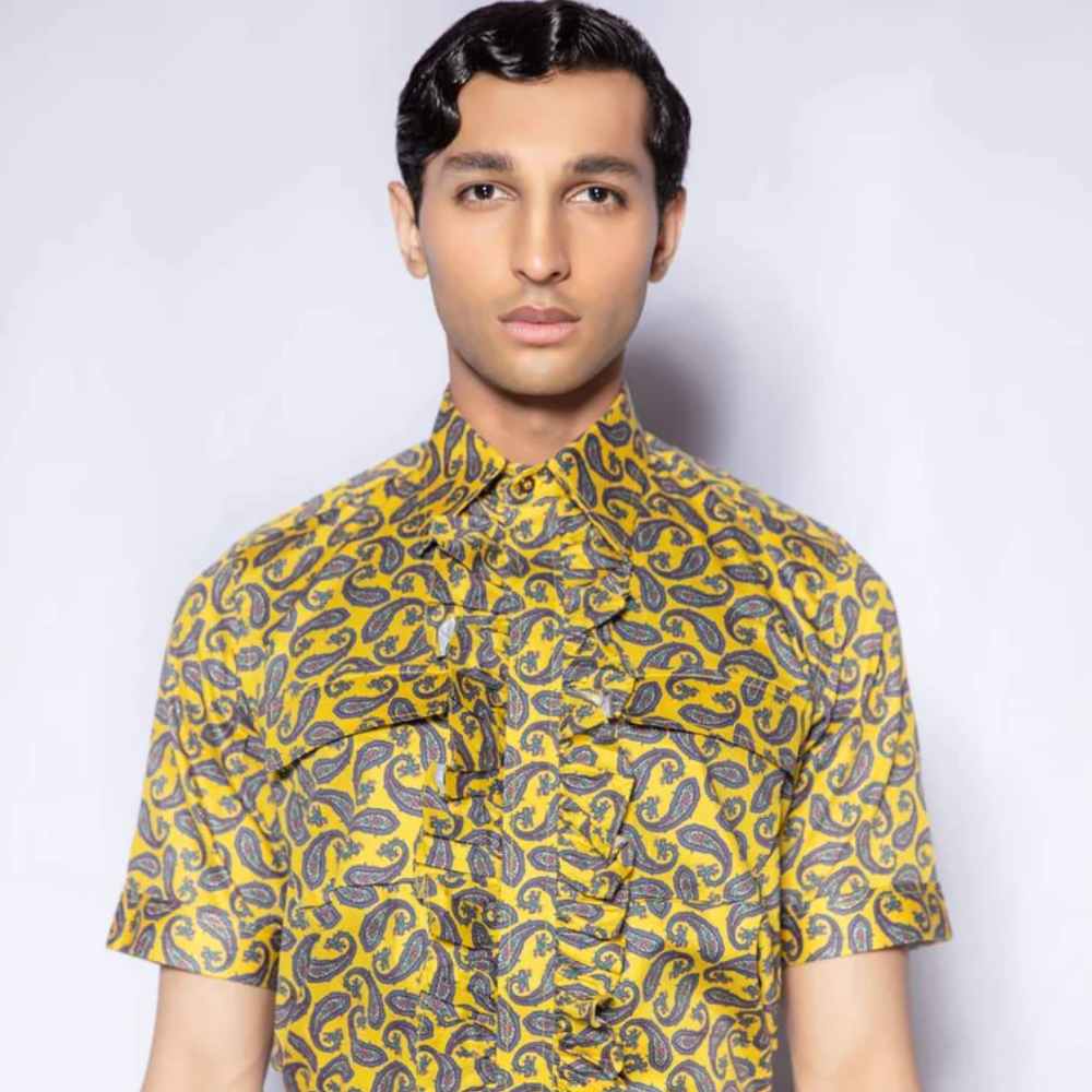 Vintage 1970s Inspired Men's Ruffled Short Sleeve Shirt from our Capsule Collection.