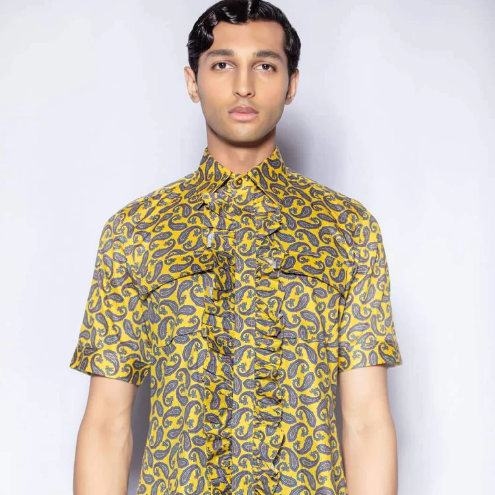 Vintage 1970s Inspired Men's Ruffled Short Sleeve Shirt from our Capsule Collection.