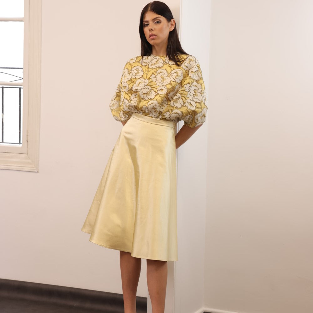 Pale yellow silk satin short dress with yellow and white lace puffy top