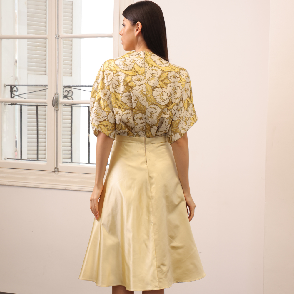 Pale yellow silk satin short dress with yellow and white lace puffy top