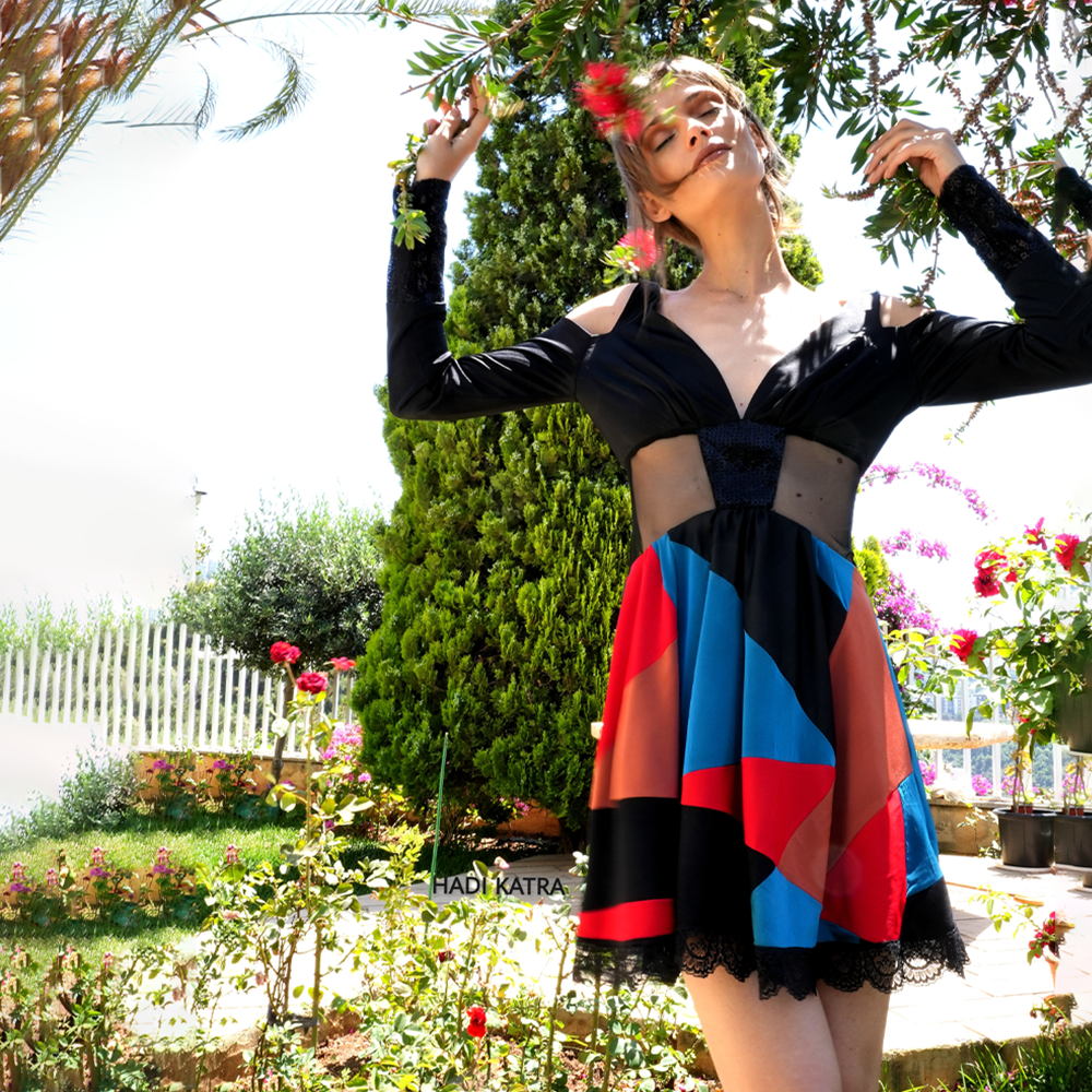 Patchwork silk jersey short dress with black top.