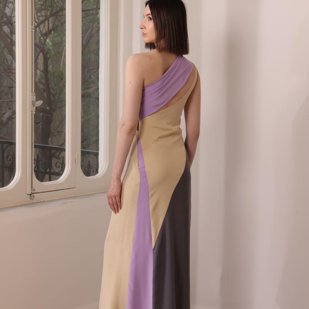 Patchwork crepe dress with transparant tulle