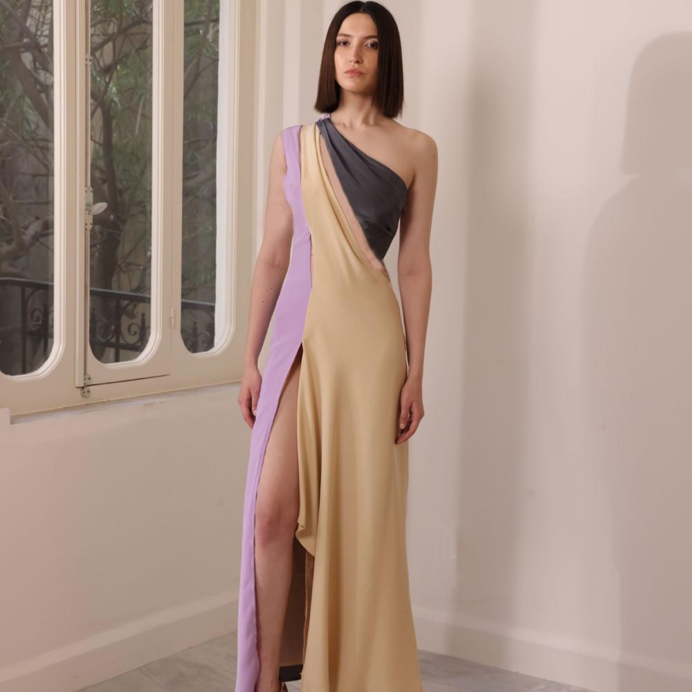 Patchwork crepe dress with transparant tulle