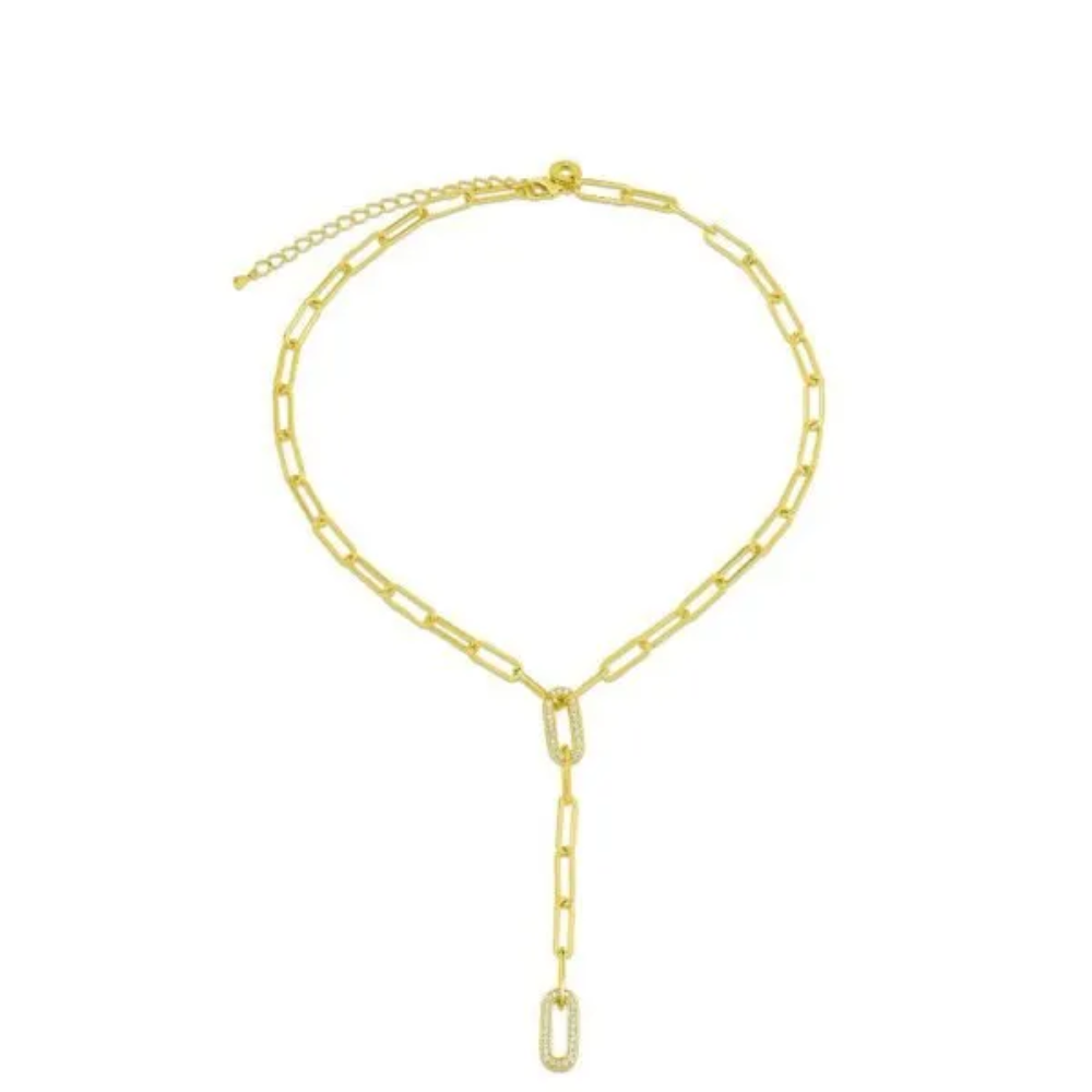 2.5 CTTW Pave Cubic Zirconia Chain link y- necklace. Lobster clasp closure. Set in rhodium plated brass.