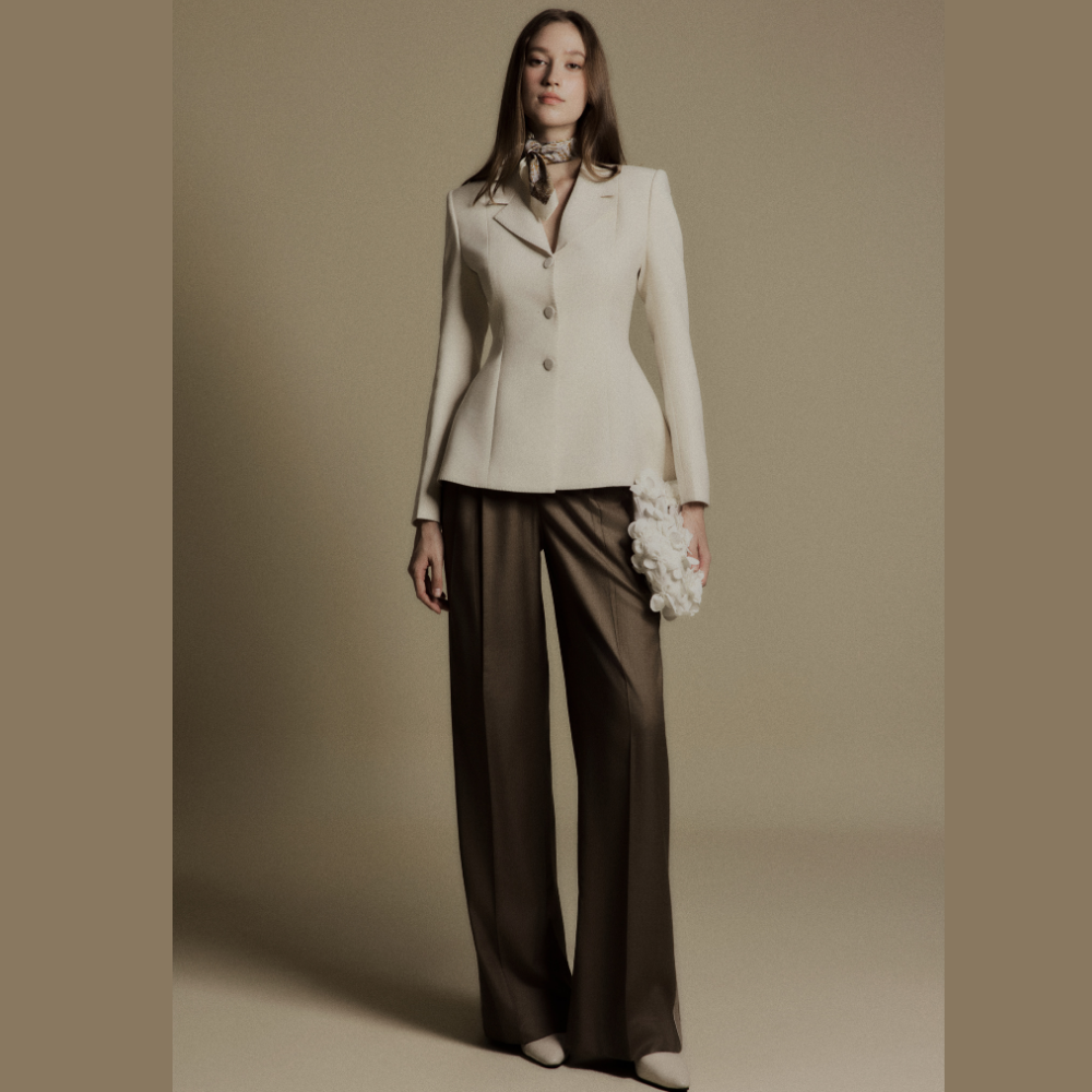 Find timeless style during online dress shopping with the refined Pearl Ivory Tailored Suit Jacket. Shop Now!