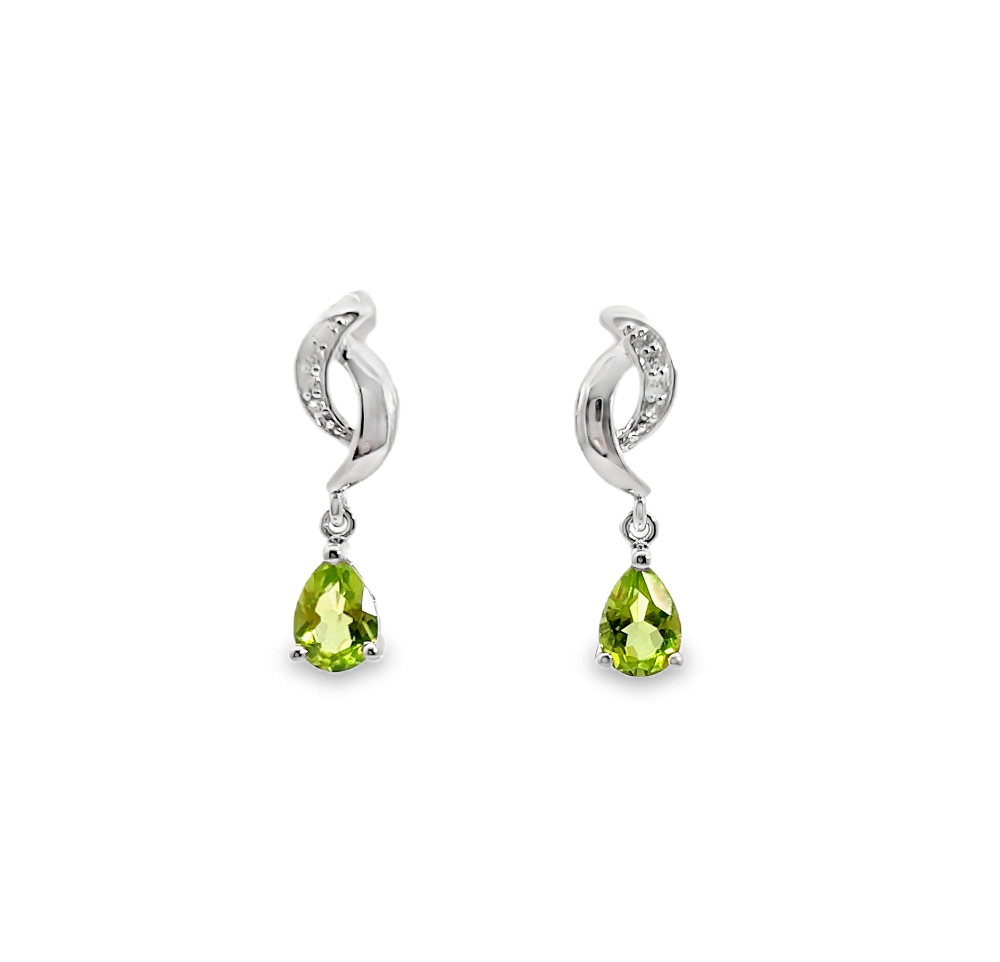 Shop online premium rhodium plated peridot earrings with sparkling cubic zirconia stones.