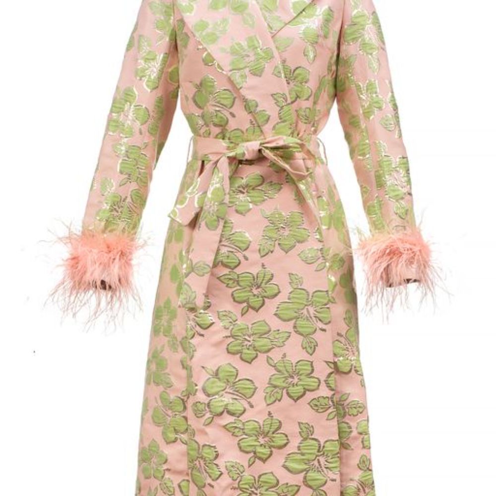 Pink Jacqueline coat with feather cuffs.Signature Vanilla coat has belted waist and decorated with detachable feathers cuffs.