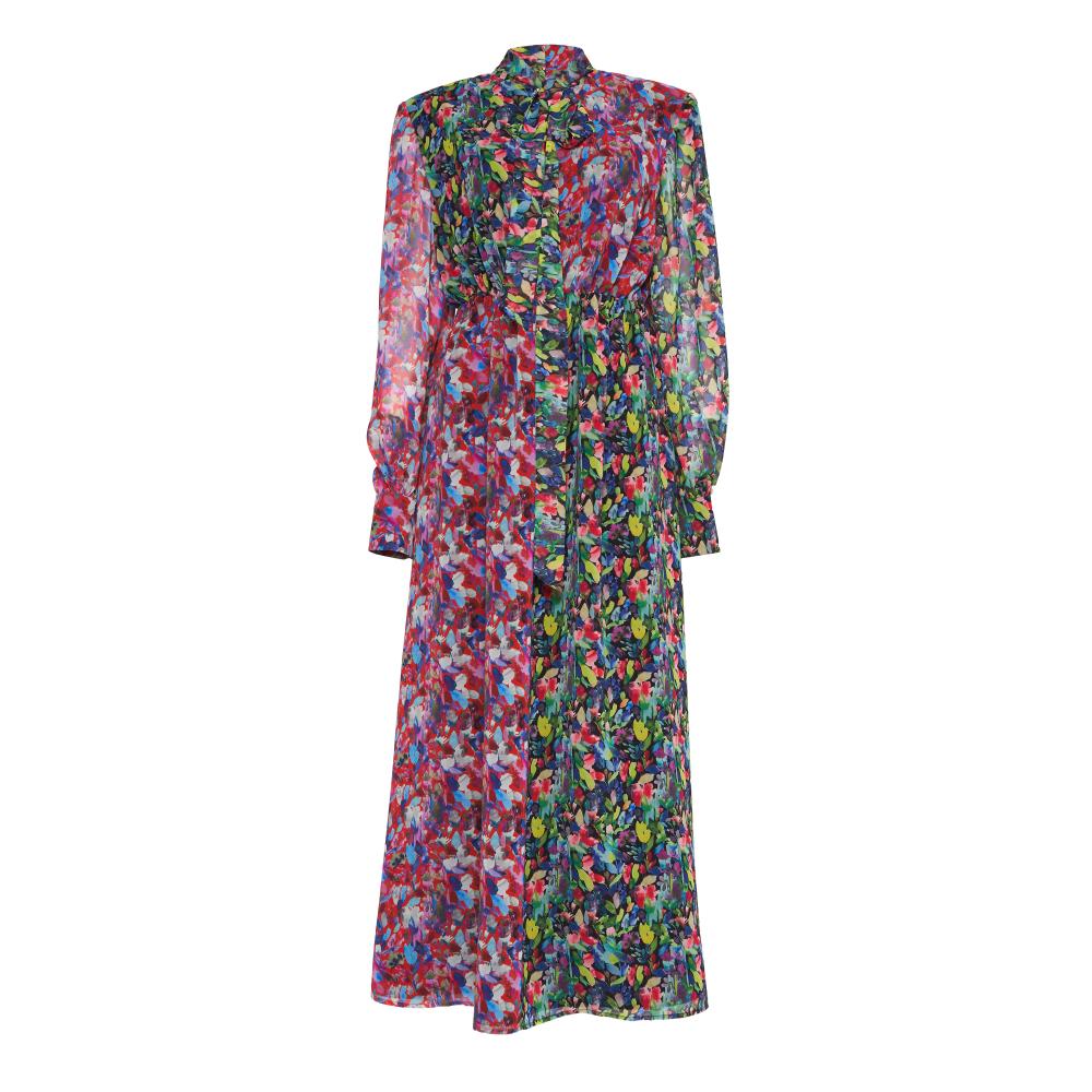 This dress pairs a maxi construction with a train detail, enhanced by a bold color-block pattern.