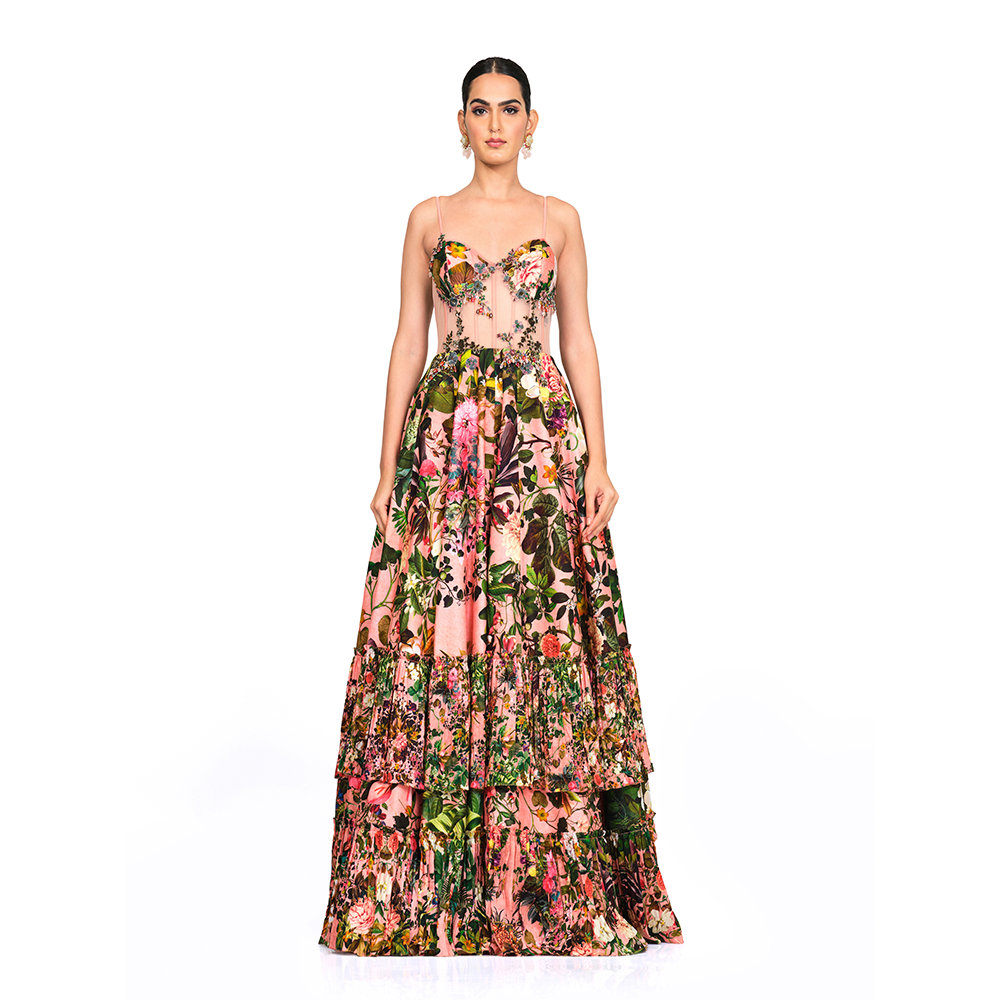 Embroidered Bodice l Floral Print Corset gown l Centre back zip closure l Frill Bottom.