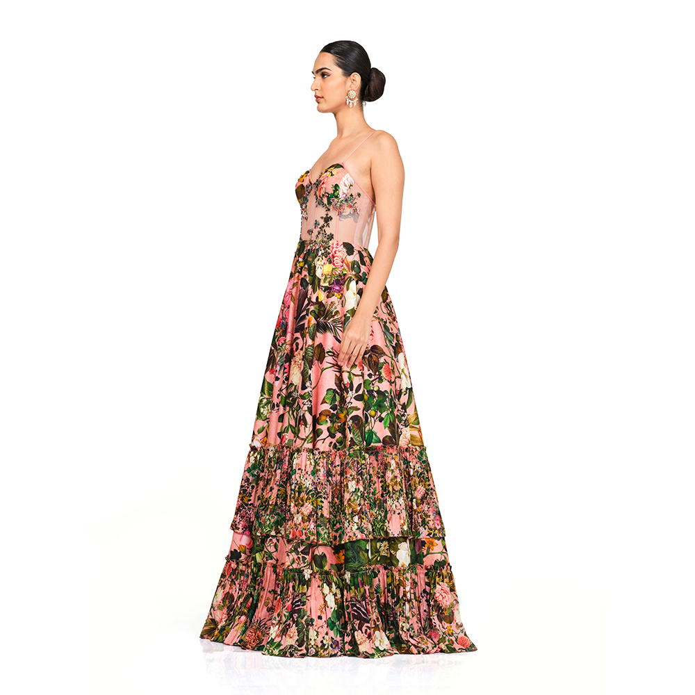 Embroidered Bodice l Floral Print Corset gown l Centre back zip closure l Frill Bottom.