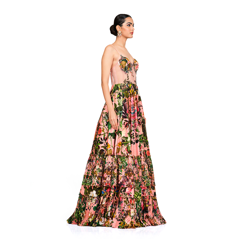 Embroidered Bodice l Floral Print Corset gown l Centre back zip closure l Frill Bottom.