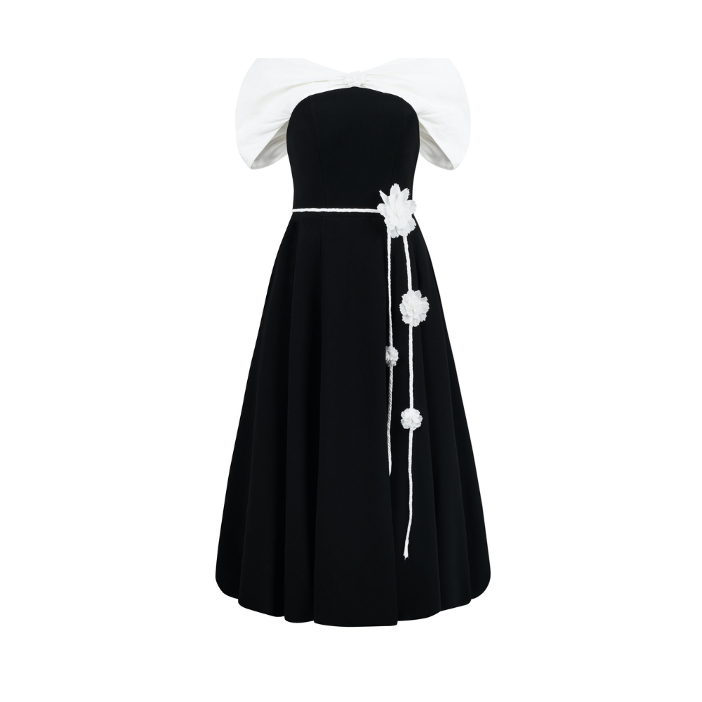 Raven A-line Off-Shoulder Poly Silk Midi Dress from women collection. Shop Now!