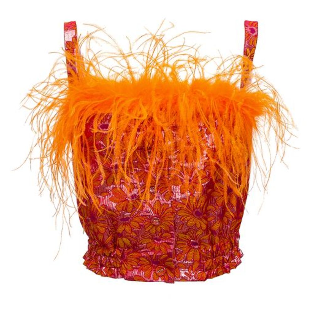 Orange flower top with feather details and pearl buttons is designed with pearl bottoms on the front and detachable feather.