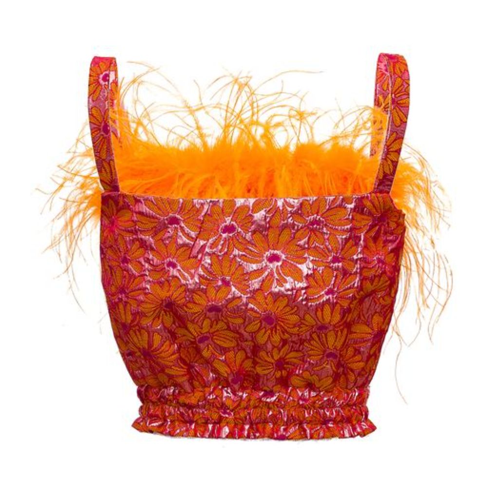 Orange flower top with feather details and pearl buttons is designed with pearl bottoms on the front and detachable feather.