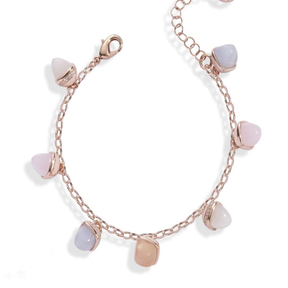 Elegant rose gold plated bracelet with rose quartz, gray agate, carnelian, and mother-of-pearl pyramidal crystal pendants accented with sparkling cubic zirconia. Shop premium jewelry online.