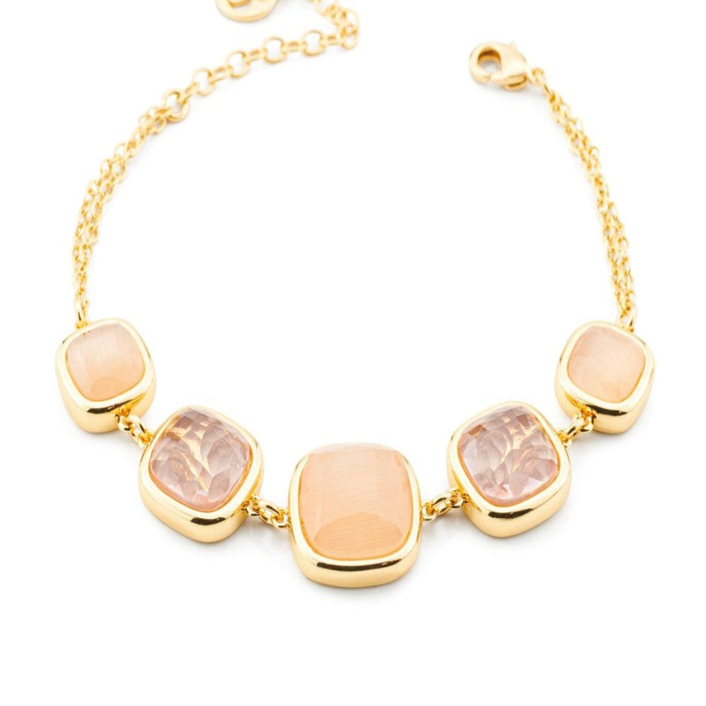 Yellow gold plated bracelet with peach and honey amethyst crystal pendants in mixed sizes for a refined modern statement. Shop premium jewelry online.