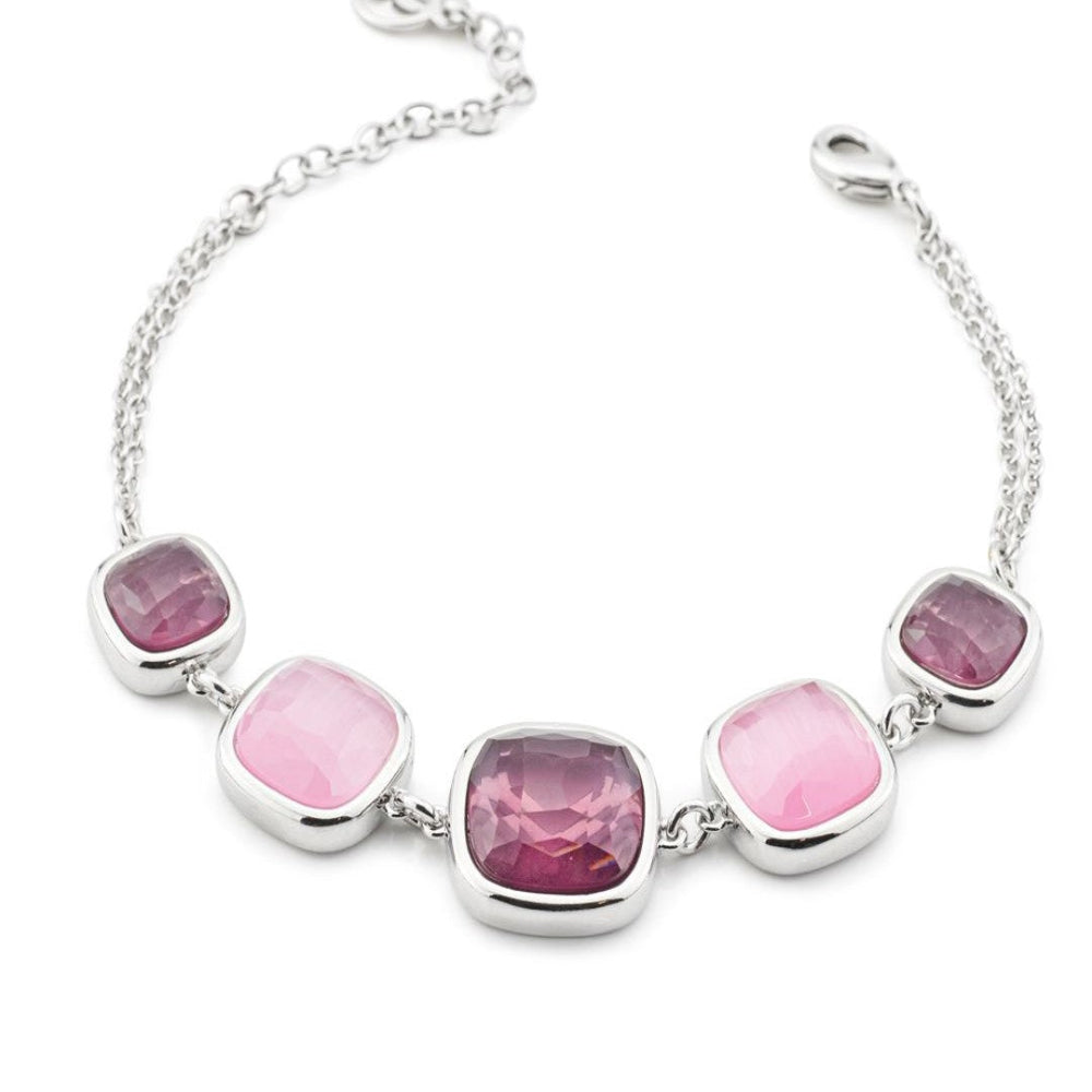 Rhodium-plated bracelet featuring purple and baby pink amethyst crystal pendants in varied sizes for a sleek contemporary look. Shop premium jewelry online.