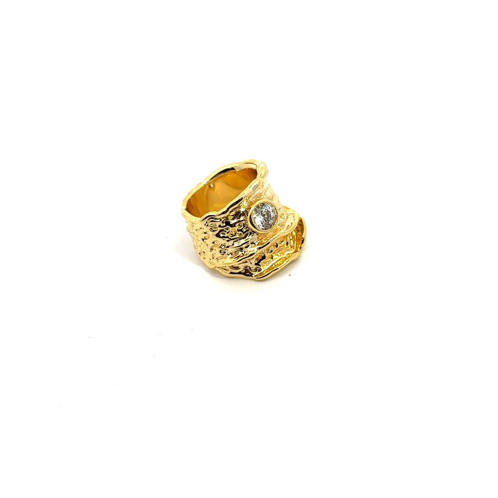 Elegant 22K gold plated chunky ring with sparkling white cubic zirconia and textured detailing. A luxe statement piece for every occasion. Shop premium jewelry online.