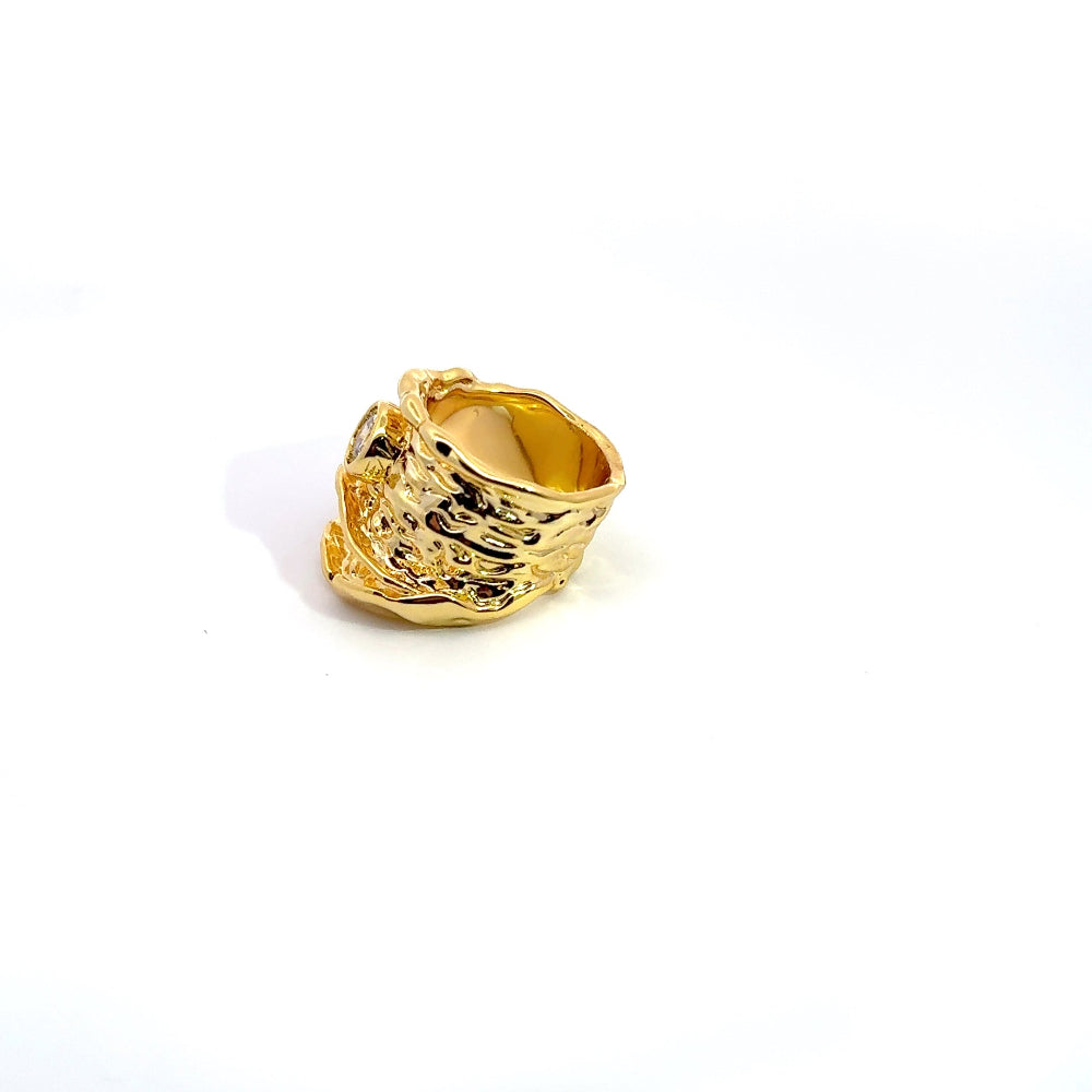 Elegant 22K gold plated chunky ring with sparkling white cubic zirconia and textured detailing. A luxe statement piece for every occasion. Shop premium jewelry online.