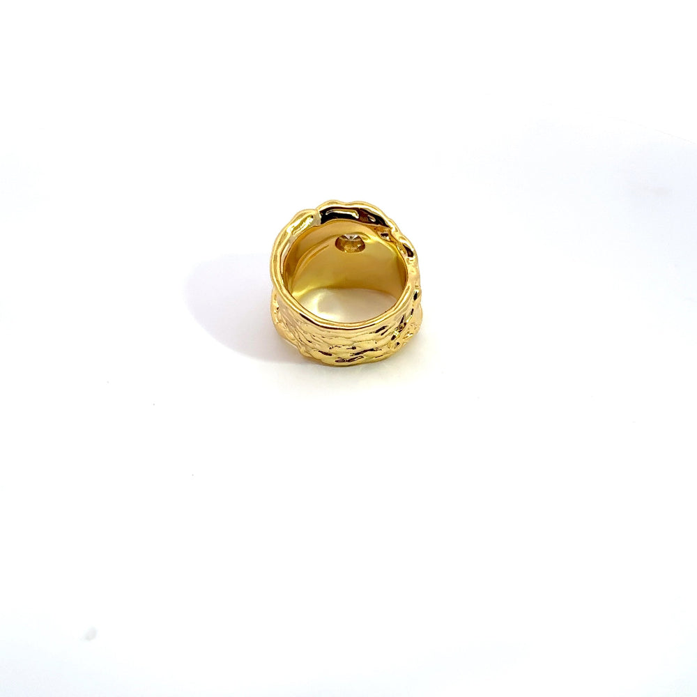 Elegant 22K gold plated chunky ring with sparkling white cubic zirconia and textured detailing. A luxe statement piece for every occasion. Shop premium jewelry online.