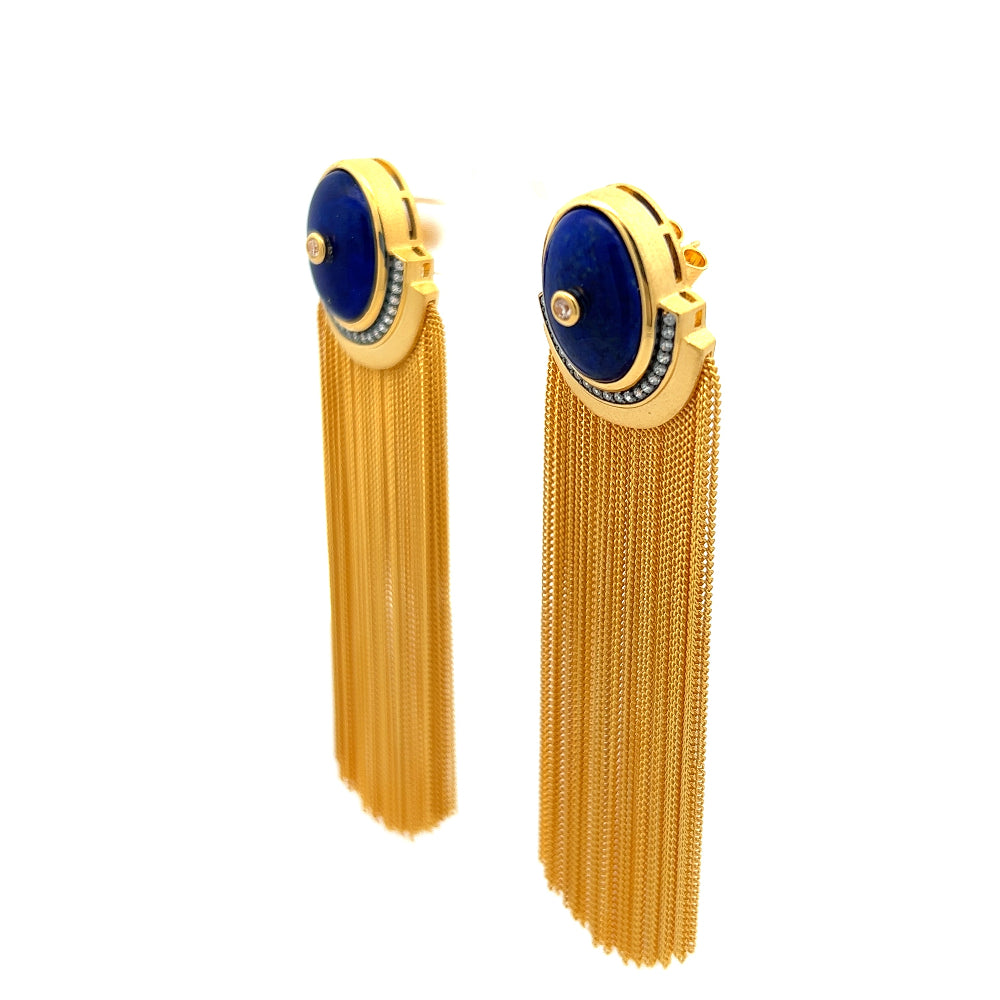 Shop online premium 18K gold shoulder duster earrings with lapis lazuli and CZ stones.