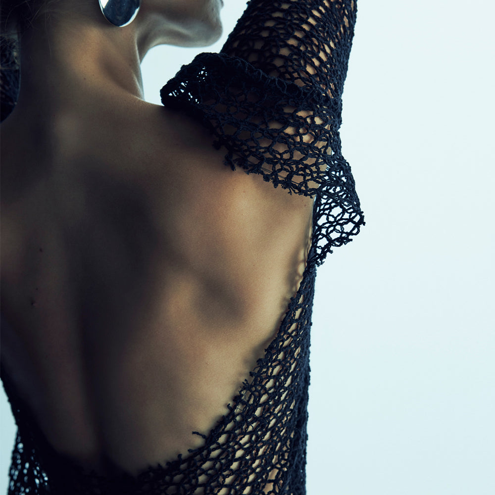 Riona Open-Back Crochet Long Dress in Black